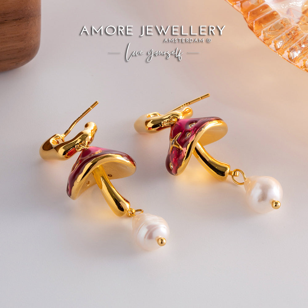 "Buy now the Retro Mushroom Natural Pearls Earrings from Amore Jewellery! These gold-plated retro earrings with natural pearls have a whimsical design!"