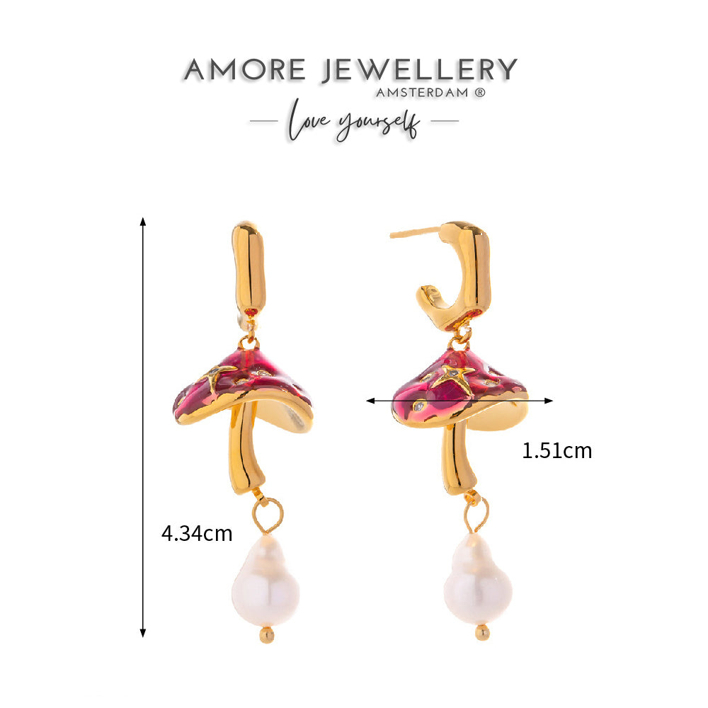 "Buy now the Retro Mushroom Natural Pearls Earrings from Amore Jewellery! These gold-plated retro earrings with natural pearls have a whimsical design!"